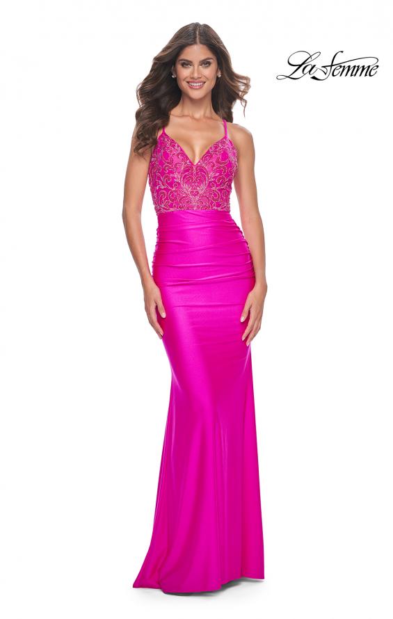 Picture of: Neon Beaded Illusion Top with Ruched Jersey Skirt Prom Dress in Hot Fuchsia, Style: 32324, Detail Picture 1