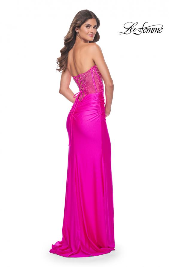 Picture of: Neon Rhinestone Bustier Prom Dress with Ruching in Hot Fuchsia, Style: 32326, Detail Picture 1