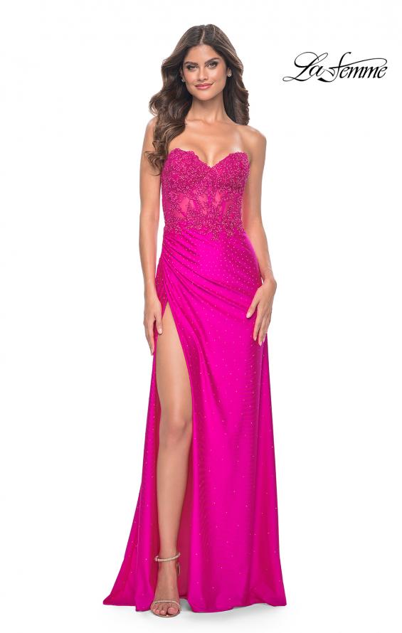 Picture of: Neon Ruched Jersey Skirt with Lace Illusion Top and Rhinestone Prom Dress in Hot Fuchsia, Style: 32329, Detail Picture 1