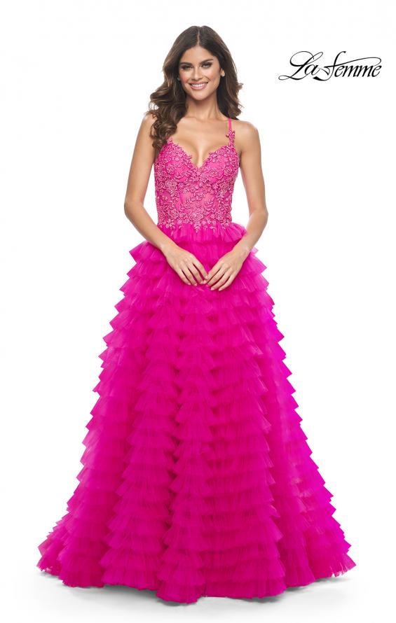 Picture of: Neon Ruffle Tulle Prom Gown with Illusion Lace Bodice and High Slit in Hot Fuchsia, Style: 32334, Detail Picture 1