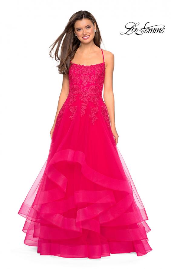 Picture of: Layered Tulle Dress with Lace Detail and Strappy Back in Hot Fuchsia, Style: 27694, Detail Picture 2