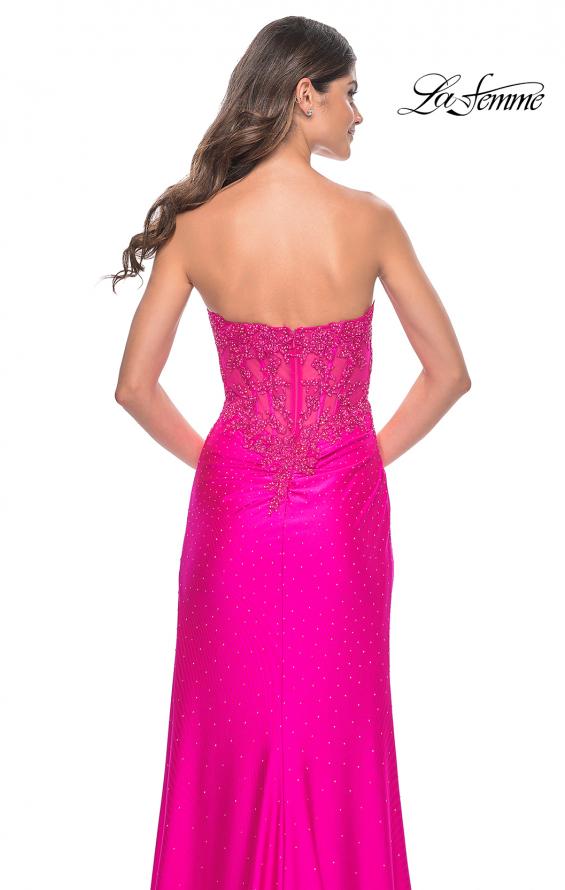 Picture of: Neon Ruched Jersey Skirt with Lace Illusion Top and Rhinestone Prom Dress in Hot Fuchsia, Style: 32329, Detail Picture 2