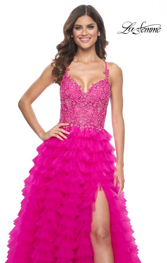Picture of: Neon Ruffle Tulle Prom Gown with Illusion Lace Bodice and High Slit in Hot Fuchsia, Style: 32334, Detail Picture 2