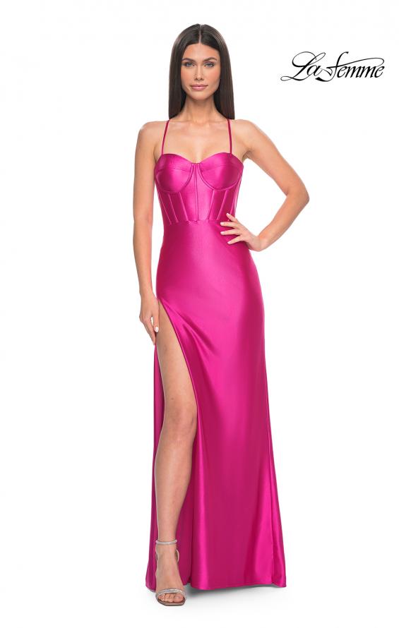 Picture of: Neon Stretch Satin Gown with Bustier Top and Lace Up Back in Hot Fuchsia, Style: 32262, Detail Picture 3