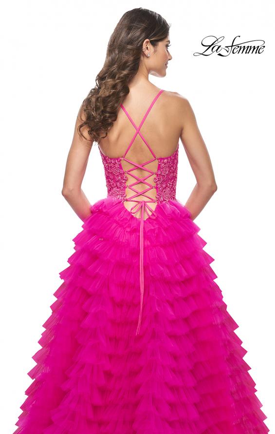 Picture of: Neon Ruffle Tulle Prom Gown with Illusion Lace Bodice and High Slit in Hot Fuchsia, Style: 32334, Detail Picture 3