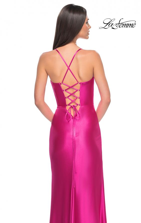 Picture of: Neon Stretch Satin Gown with Bustier Top and Lace Up Back in Hot Fuchsia, Style: 32262, Detail Picture 4