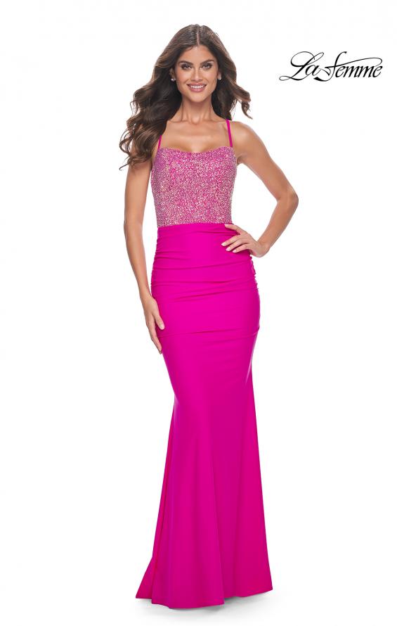 Picture of: Neon Gorgeous Rhinestone Bodice with Ruched Jersey Skirt Prom Dress in Hot Fuchsia, Style: 32325, Detail Picture 4