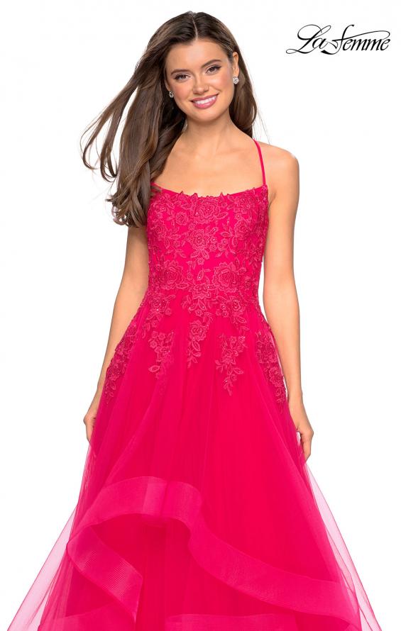 Picture of: Layered Tulle Dress with Lace Detail and Strappy Back in Hot Fuchsia, Style: 27694, Detail Picture 5
