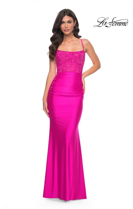 Picture of: Neon Ruched Jersey Dress with Illusion Corset Lace Top in Pink, Style: 32322, Detail Picture 6