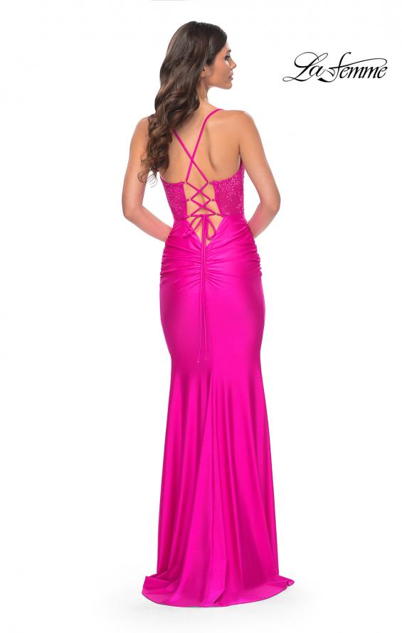 Picture of: Neon Ruched Jersey Dress with Illusion Corset Lace Top in Pink, Style: 32322, Detail Picture 7