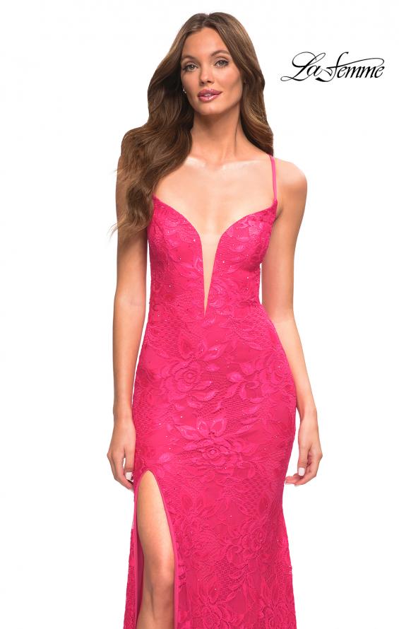 Picture of: Hot Pink Stretch Lace Prom Dress with Deep V Neckline in Pink, Style: 30686, Main Picture