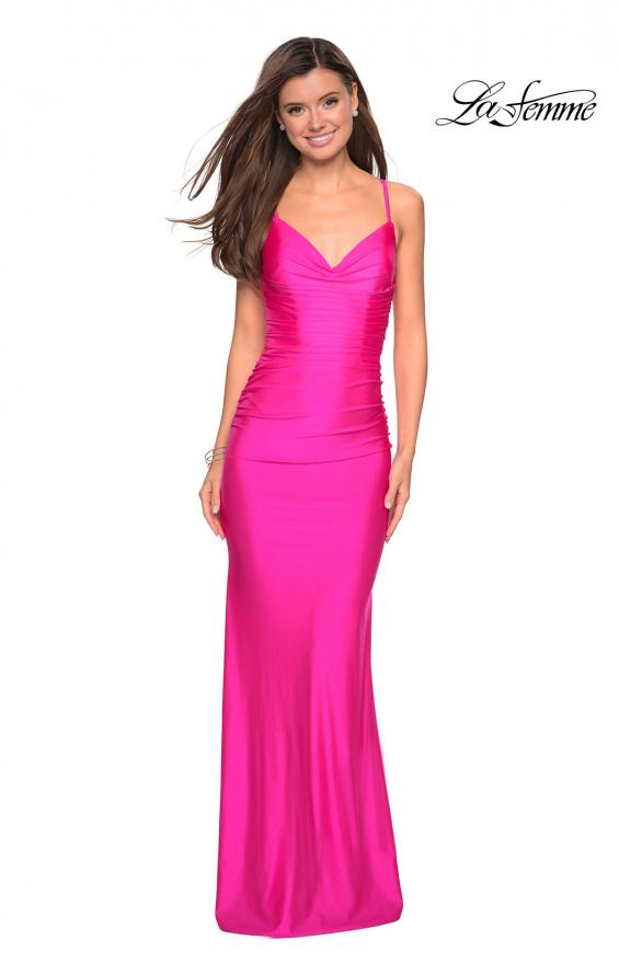 Picture of: Form Fitting Jersey Dress with Ruching and Strappy Back in Hot Pink, Style: 27501, Detail Picture 10
