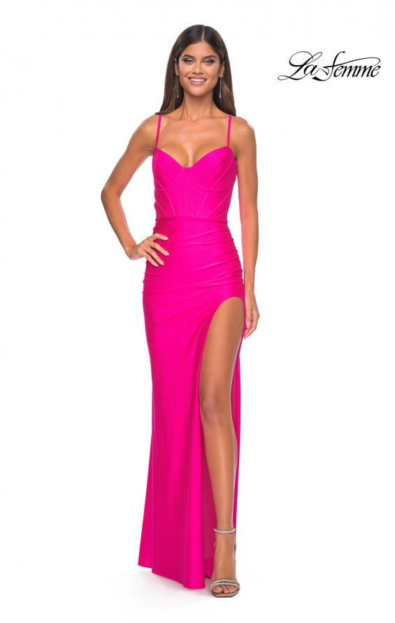 Picture of: Bustier Top Jersey Prom Dress with Intricate Lace Up Back in Hot Pink, Style: 32256, Detail Picture 11
