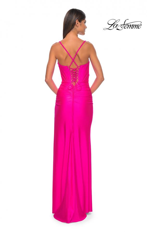 Picture of: Bustier Top Jersey Prom Dress with Intricate Lace Up Back in Hot Pink, Style: 32256, Detail Picture 12