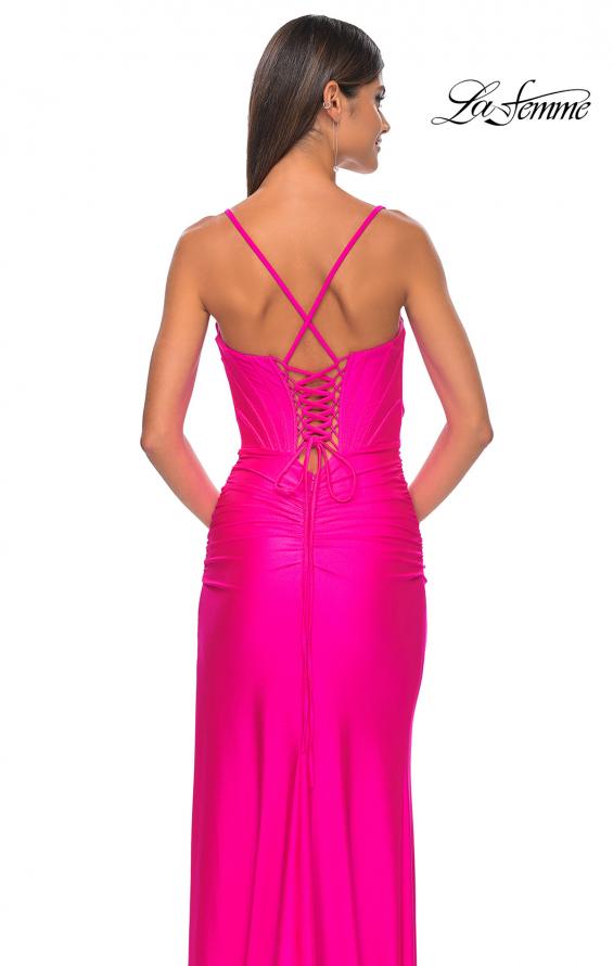 Picture of: Bustier Top Jersey Prom Dress with Intricate Lace Up Back in Hot Pink, Style: 32256, Detail Picture 13