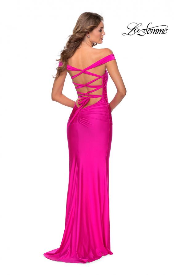 Picture of: Off the Shoulder Prom Dress with Tie Back and Slit in Hot Pink, Style: 28506, Back Picture