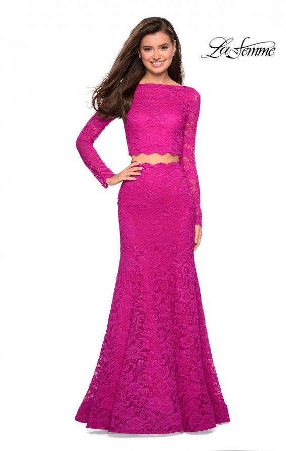 Picture of: Stretch Lace Long Sleeve Two Piece Prom Dress in Hot Pink, Style: 27601, Detail Picture 1