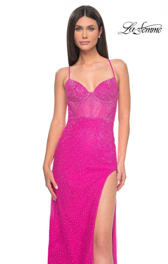 Picture of: Rhinestone Net Prom Dress with High Slit and Bustier Top in Hot Pink, Style: 32328, Detail Picture 1