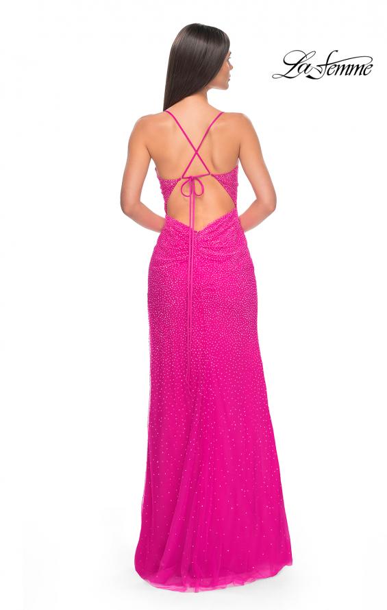 Picture of: Rhinestone Net Prom Dress with High Slit and Bustier Top in Hot Pink, Style: 32328, Detail Picture 2
