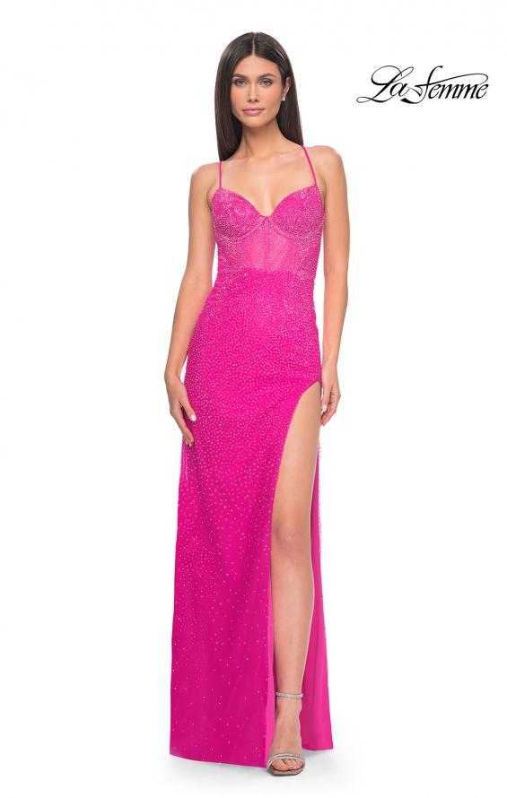 Picture of: Rhinestone Net Prom Dress with High Slit and Bustier Top in Hot Pink, Style: 32328, Detail Picture 5