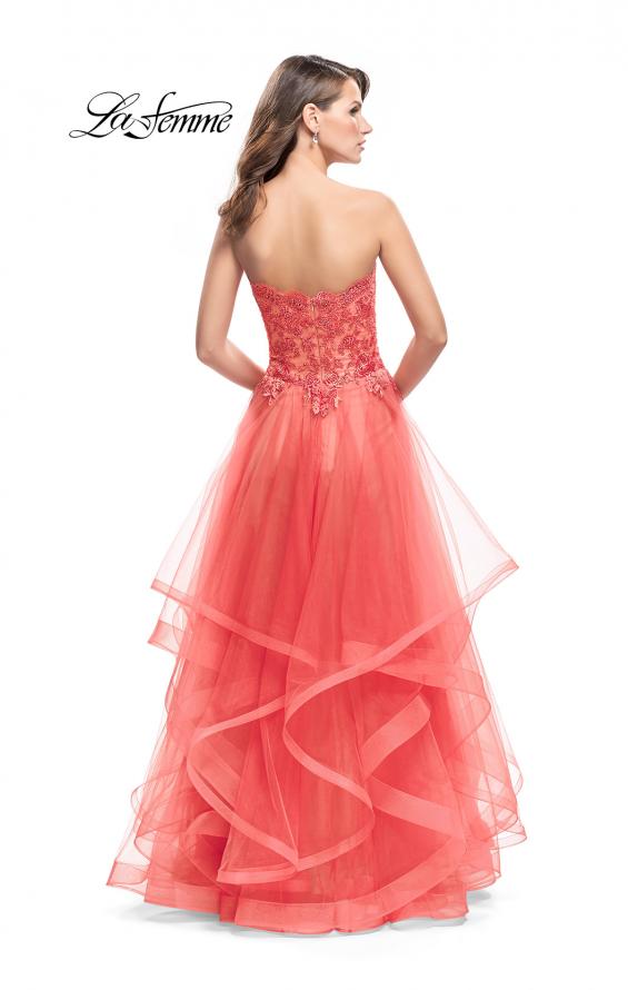 Picture of: Strapless Ruffle Tulle Ball Gown with Beaded Lace Bodice in Hot Coral, Style: 25515, Back Picture