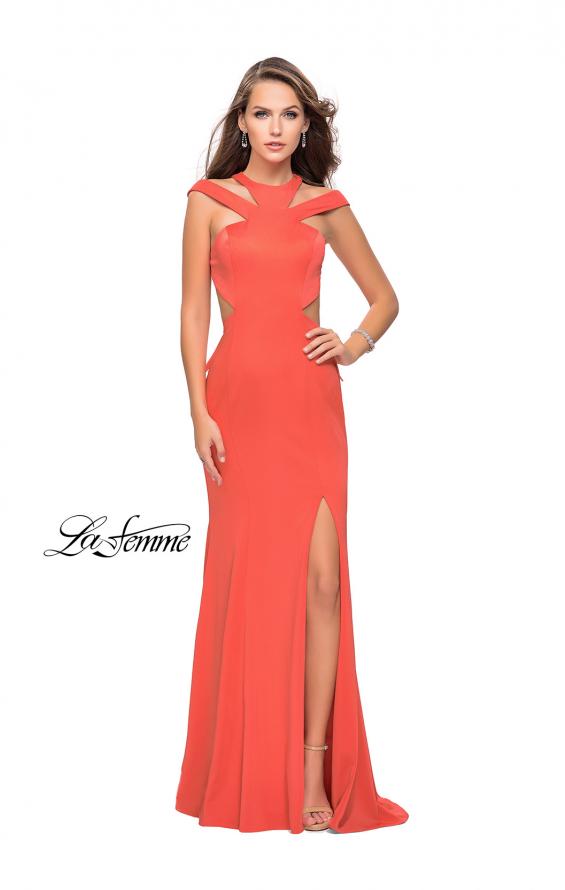 Picture of: Long Jersey Prom Dress with Ruffle Detail and Slit in Hot Coral, Style: 25971, Back Picture