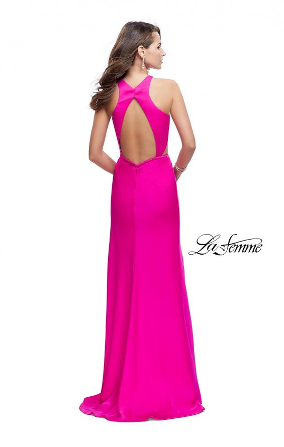 Picture of: Satin Prom Gown with High Neck and Side Cut Outs in Hot Pink, Style: 26005, Back Picture