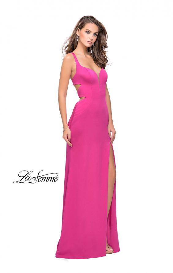 Picture of: Form Fitting Satin Gown with Side Cut Outs and V Neckline in Hot Pink, Style: 25853, Detail Picture 5