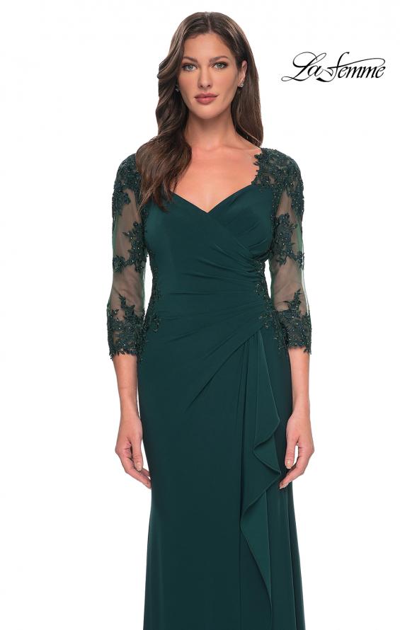 Picture of: Lace and Net Jersey Gown with Illusion Sleeves in Hunter Green, Style: 30384, Detail Picture 9