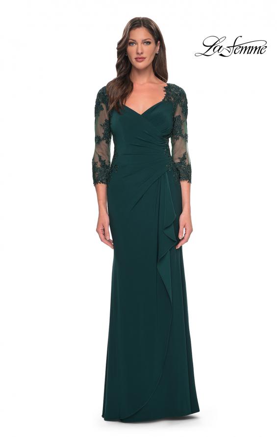 Picture of: Lace and Net Jersey Gown with Illusion Sleeves in Hunter Green, Style: 30384, Detail Picture 1