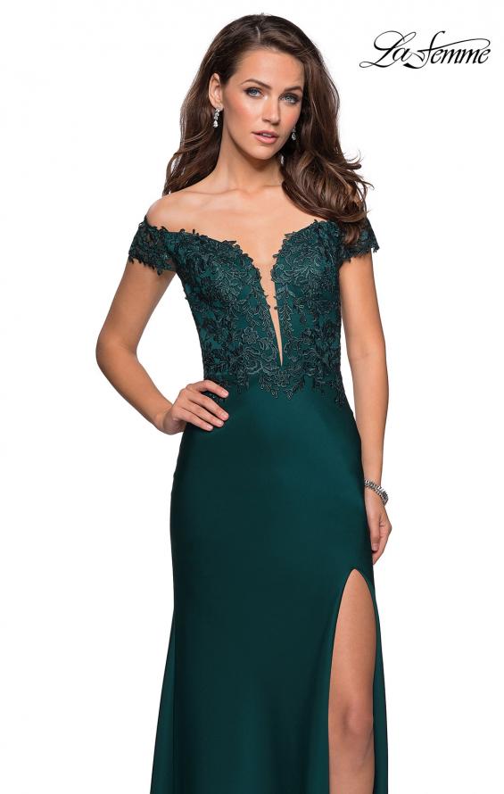 Picture of: Off The Shoulder Gown with Lace Bust and Slit in HUnter Green, Style: 27097, Detail Picture 4
