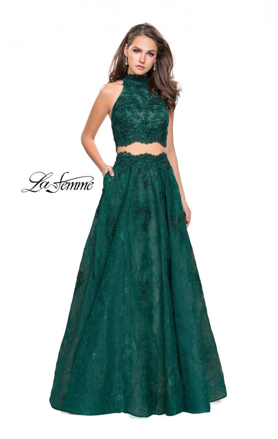 Picture of: Long Lace A-line Two Piece Prom Dress with Cut Outs in Hunter Green, Style: 26103, Detail Picture 1