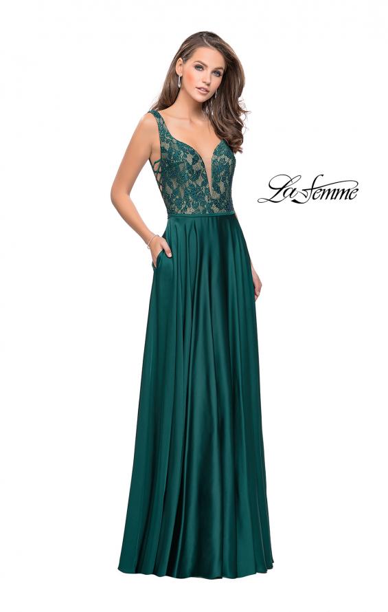 Picture of: Long A line Prom Dress with Lace Up Side Cut Outs in Hunter Green, Style: 25436, Detail Picture 2