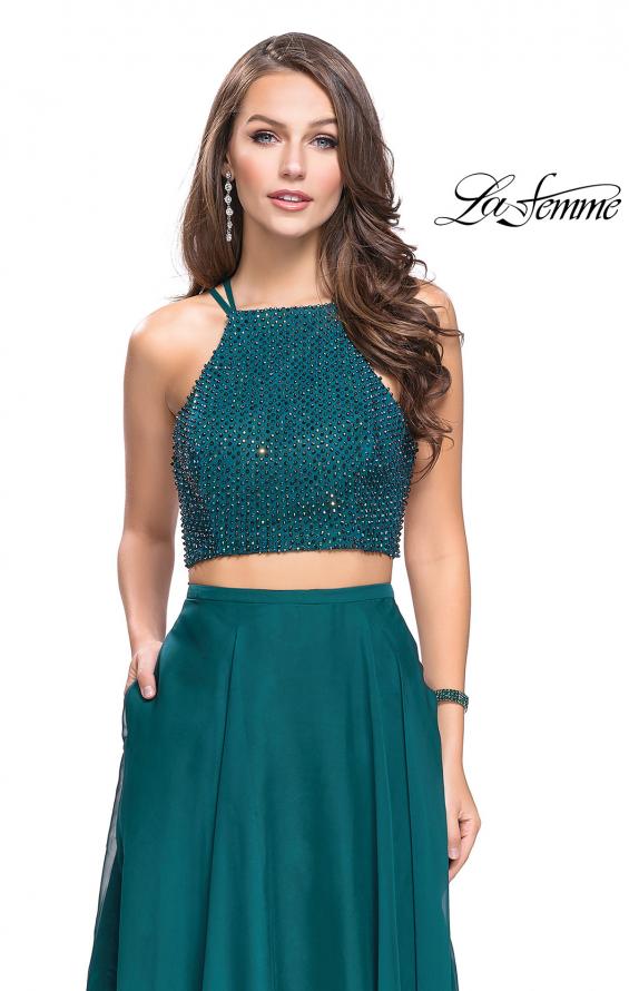 Picture of: Long Chiffon Two Piece Prom Dress with Metallic Beading in Hunter Green, Style: 26002, Detail Picture 2