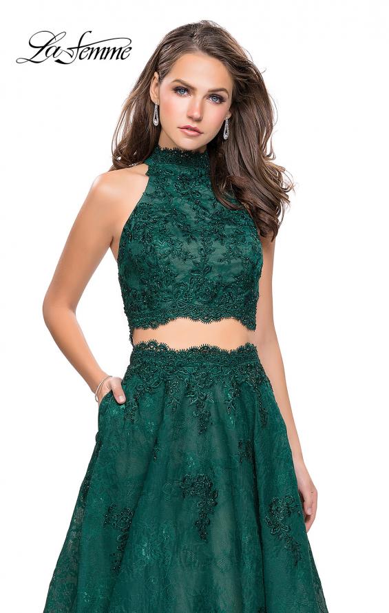 Picture of: Long Lace A-line Two Piece Prom Dress with Cut Outs in Hunter Green, Style: 26103, Detail Picture 4