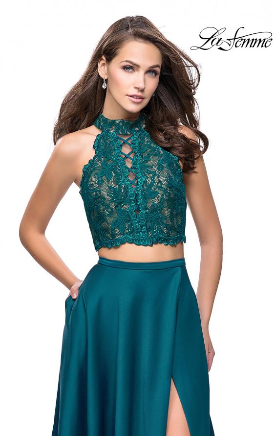 Picture of: Two piece gown with lace up top and satin A line skirt in Hunter Green, Style: 25263, Detail Picture 5