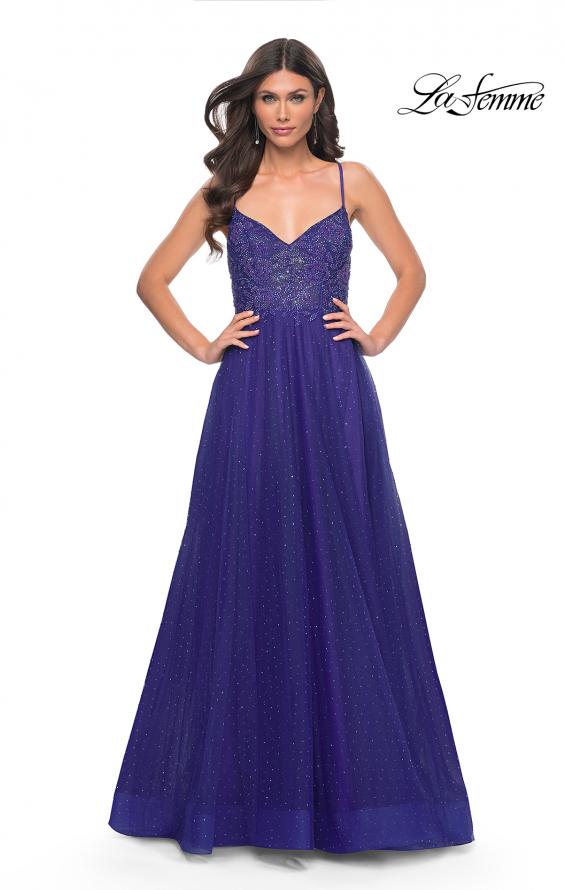 Picture of: Beautiful Rhinestone Beaded Illusion Top Tulle Prom Dress in Blue, Style: 32020, Detail Picture 10
