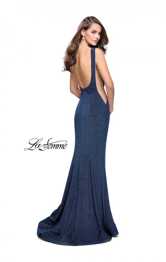 Picture of: Long Form Fitting Jersey Prom Dress with Flare Skirt in Indigo, Style: 25421, Back Picture