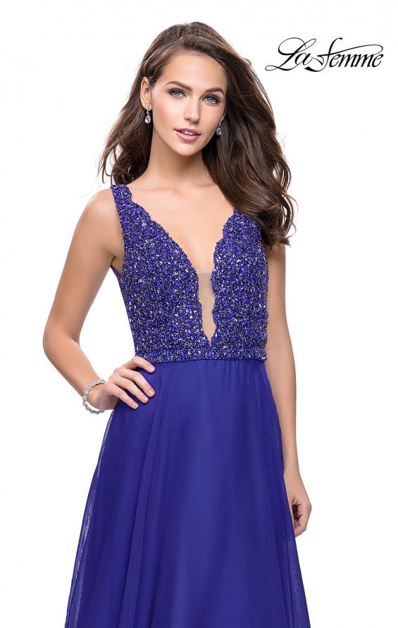 Picture of: A-Line Prom Gown with Chiffon Skirt and Beaded Bodice in Indigo, Style: 26053, Back Picture