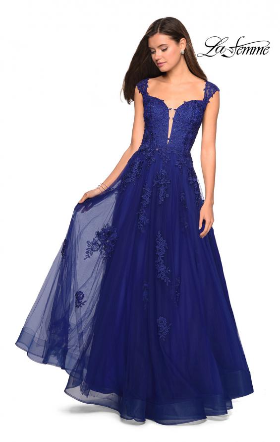 Picture of: Floor Length Cap Sleeve Prom Gown with Lace Detail in Indigo, Style: 27503, Detail Picture 1