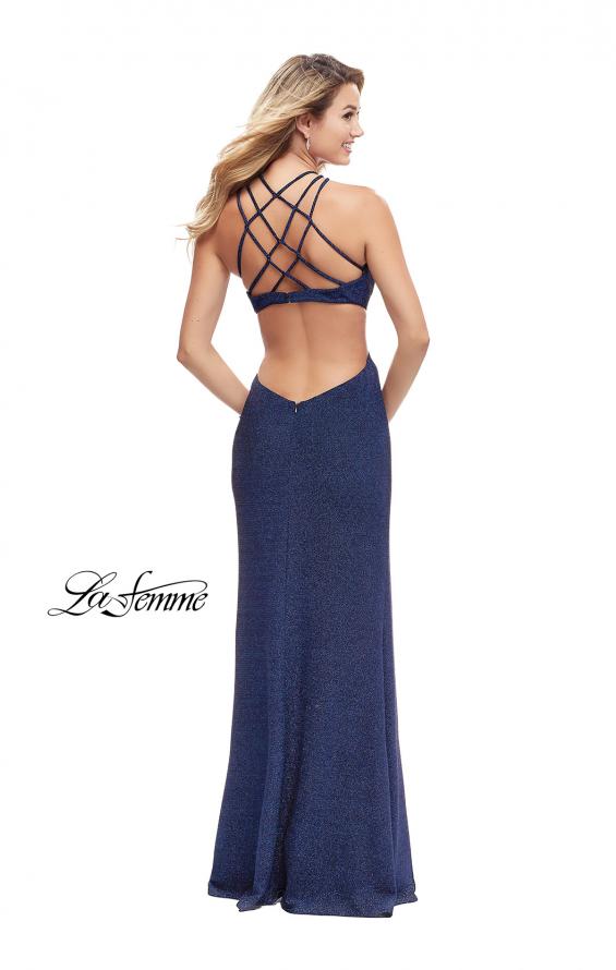 Picture of: Long Sparkly Dress with High Neckline and Side Slit in Indigo, Style: 25346, Detail Picture 3