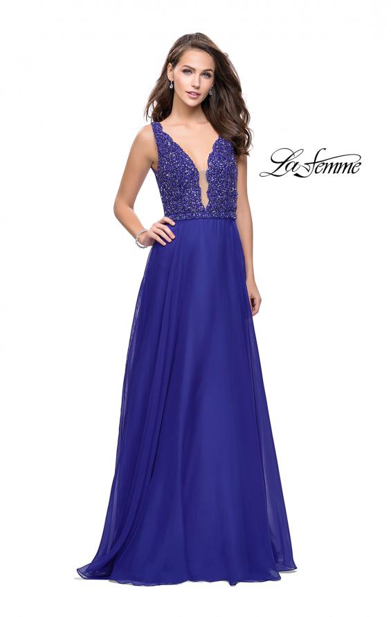 Picture of: A-Line Prom Gown with Chiffon Skirt and Beaded Bodice in Indigo, Style: 26053, Detail Picture 3