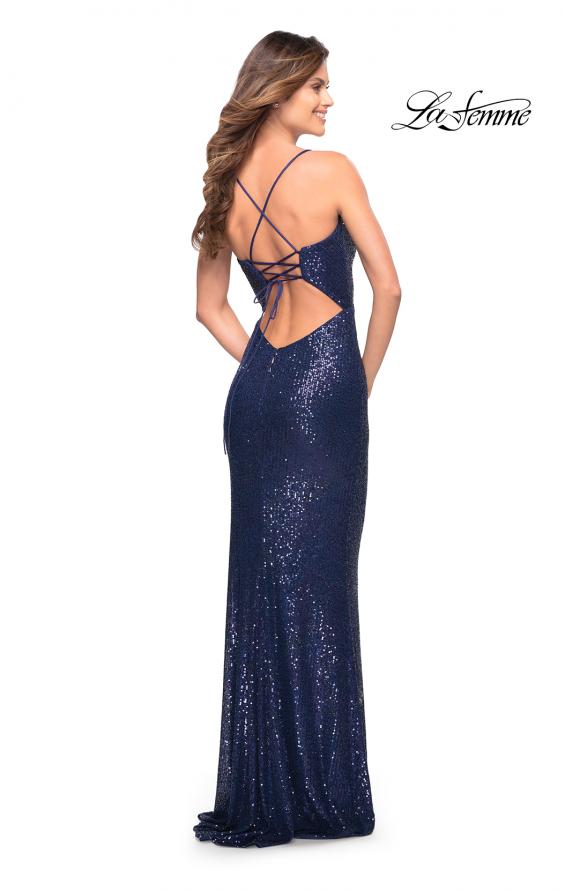 Picture of: Long Sequin Gown with Wrap Style Top and Slit in Indigo, Style: 30305, Detail Picture 7