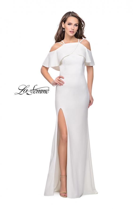 Picture of: Long Jersey Prom Dress with Off the Shoulder Ruffle Detail in Ivory, Style: 25556, Back Picture