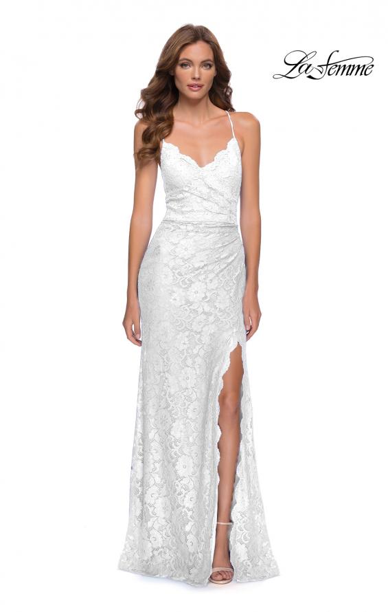 Picture of: Lace Long Dress with Scallop Detail on Skirt Slit in Ivory, Style 29939, Detail Picture 2