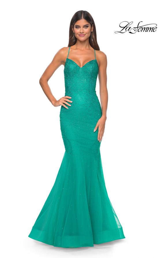 Picture of: Mermaid Prom Dress with Rhinestones and Lace Up Back in Jade, Style: 32273, Detail Picture 2