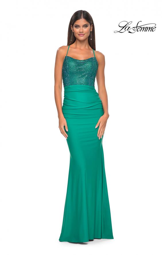 Picture of: Gorgeous Rhinestone Bodice with Ruched Jersey Skirt Prom Dress in Jade, Style: 31989, Detail Picture 4