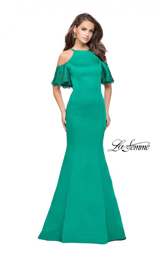 Picture of: Form Fitting Satin Mermaid Dress with Shoulder Cutouts in Jade, Style: 26145, Detail Picture 5