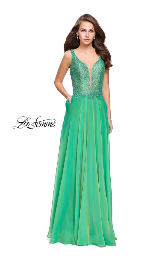 Picture of: Long Evening Gown with Chiffon Skirt and Scoop Open Back in Jungle Green, Style: 25513, Detail Picture 2