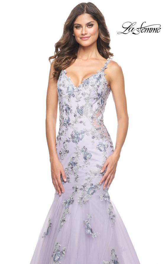 Picture of: Mermaid Gown with Two Tone Lace Appliques in Lavender Gray, Style: 32091, Detail Picture 2